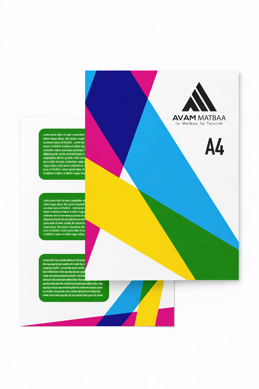 AVAM Matbaa A4 broşür mockup’ı; ön kapakta AVAM Matbaa logosu ve “A4” yazısı, renkli geometrik tasarım; arkada metin bloklu iç sayfa görünümü.
