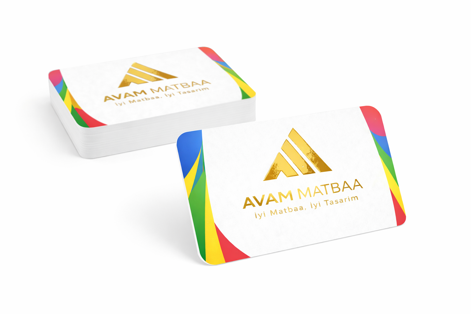 Sıvamalı kalın kartvizit, çift yüz renkli baskılı, çift taraf altın yaldızlı, oval kesimli ve mat selefon kaplamalı premium kartvizit