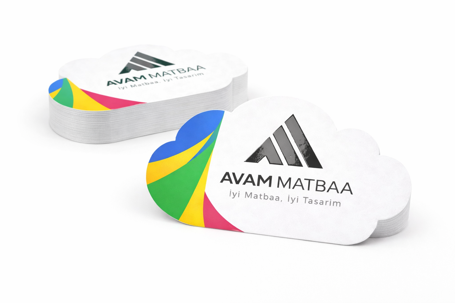 Sıvamalı kalın kartvizit, çift yüz renkli baskılı, kabartma laklı, özel kesimli ve mat selefon kaplamalı bulut formunda kartvizit