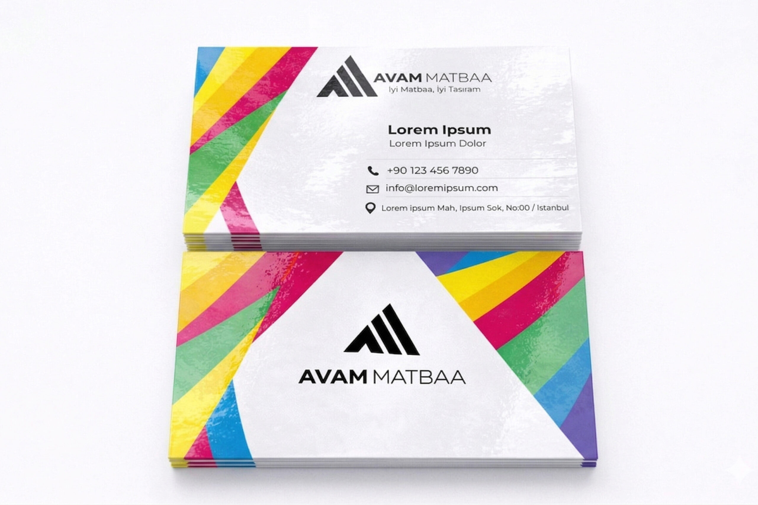 350 gr kuşe kağıda çift yüz renkli baskılı, parlak selefon kaplamalı, ön ve arka yüzü canlı renk tasarımlı kartvizit