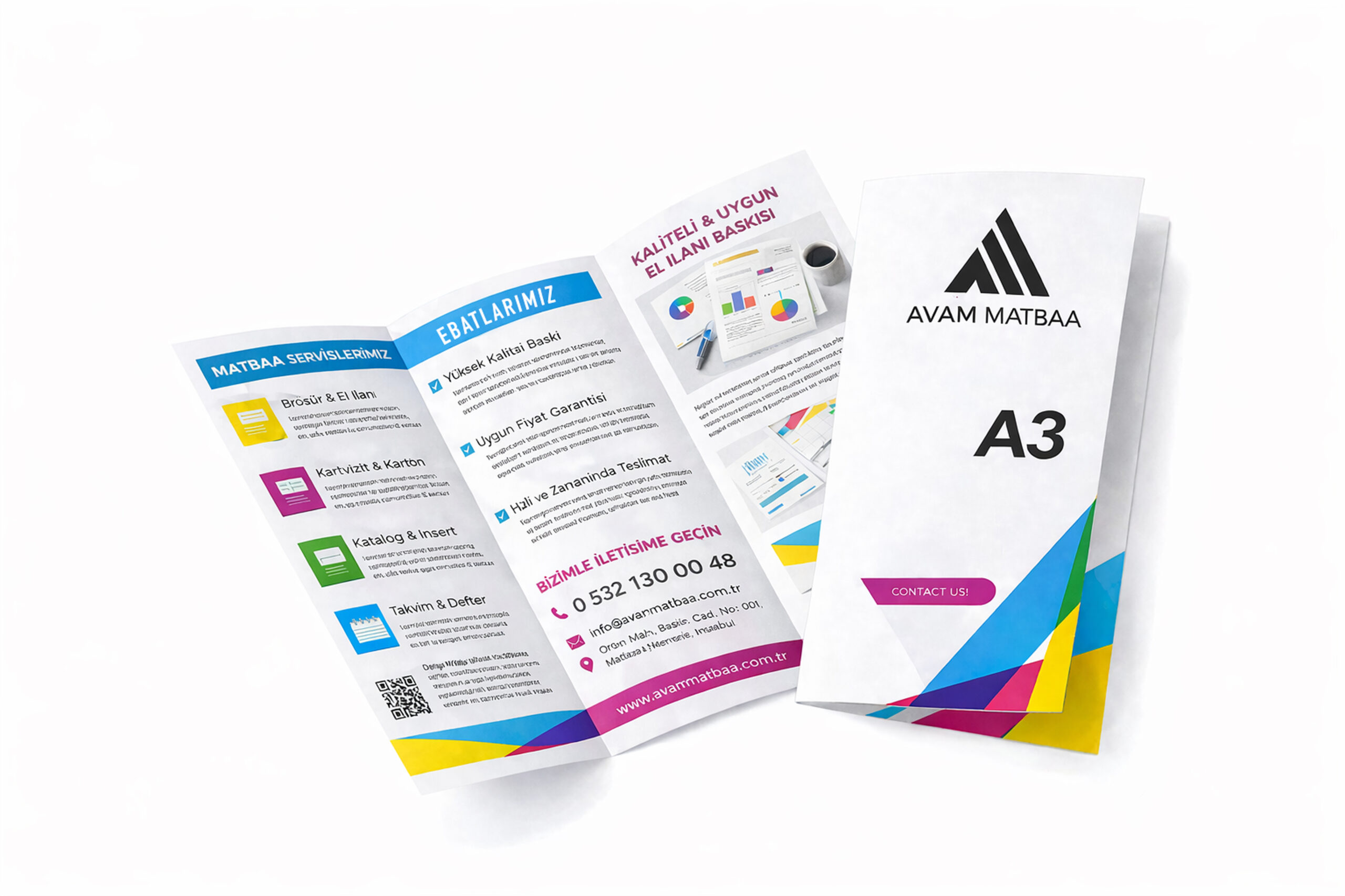 Açık halde sergilenen AVAM Matbaa A3 kırımlı (katlamalı) broşür mockup’ı; solda iç sayfalar ürün görselleriyle, sağda kapakta AVAM Matbaa logosu ve “A3” yazısı.