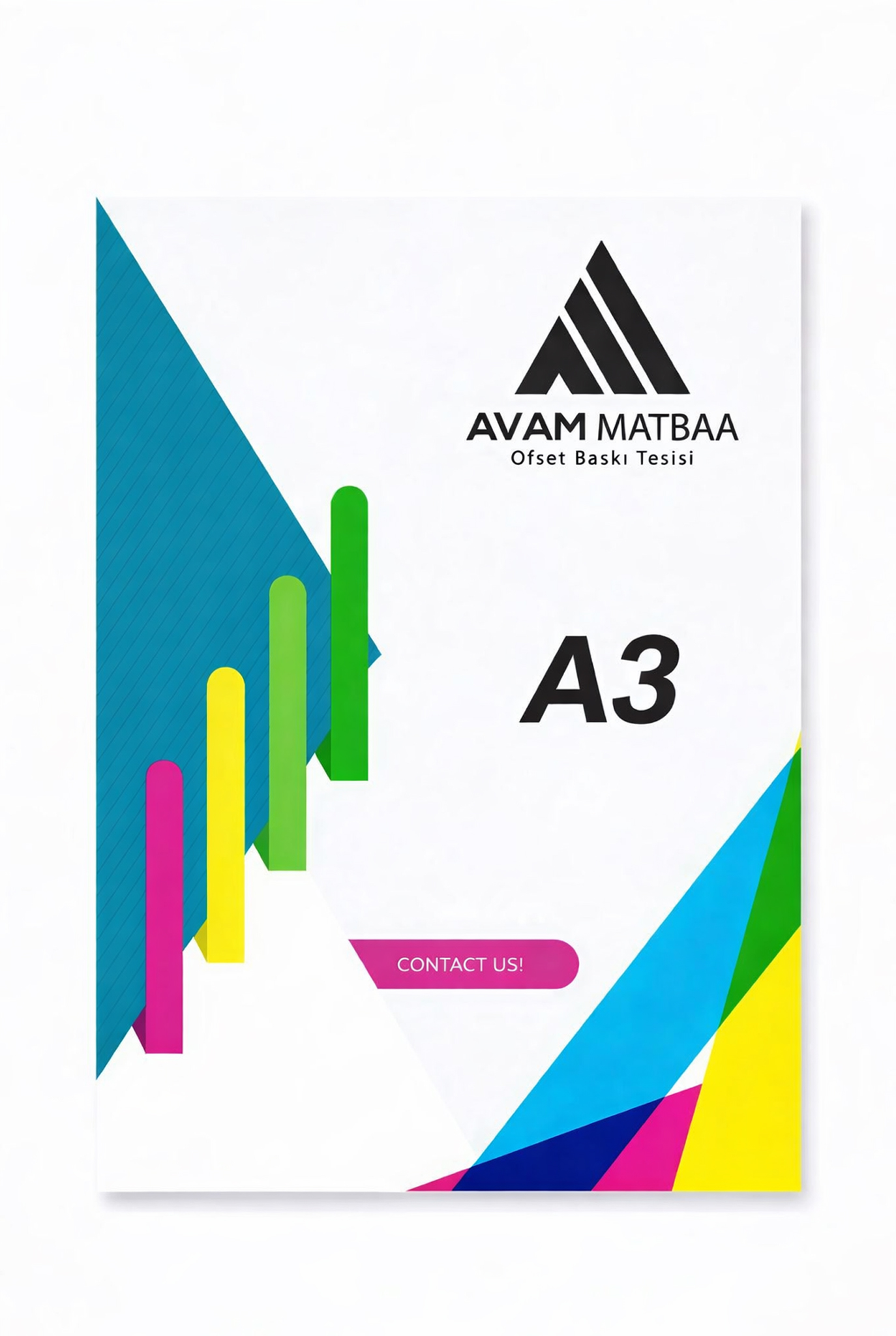 AVAM Matbaa A3 broşür/afiş kapağı mockup’ı; beyaz kapakta AVAM Matbaa logosu, “A3” yazısı ve renkli geometrik şerit tasarımı.