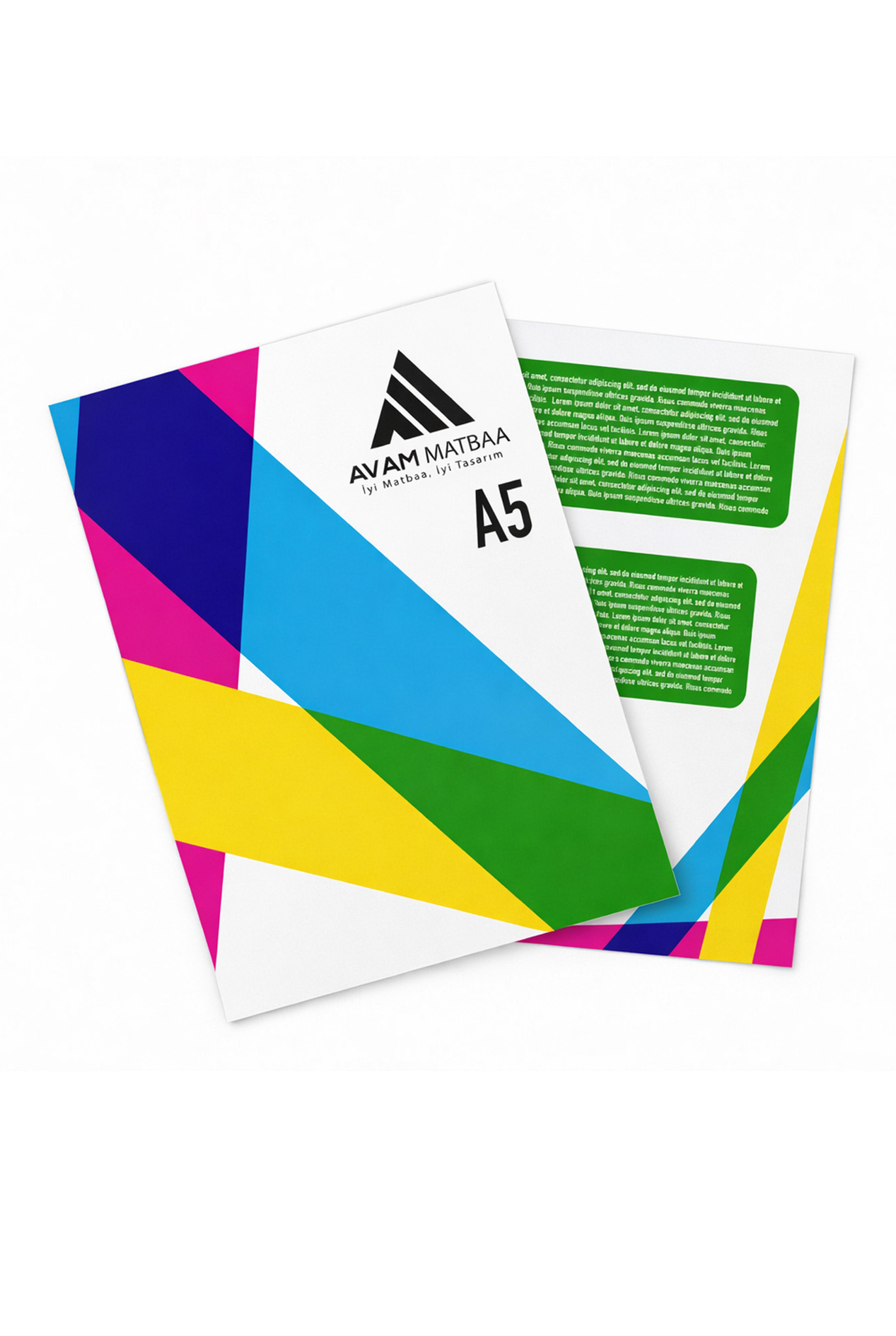 AVAM Matbaa A5 broşür mockup’ı; önde AVAM Matbaa logosu ve “A5” yazılı renkli geometrik kapak, arkada metin bloklu iç sayfa.