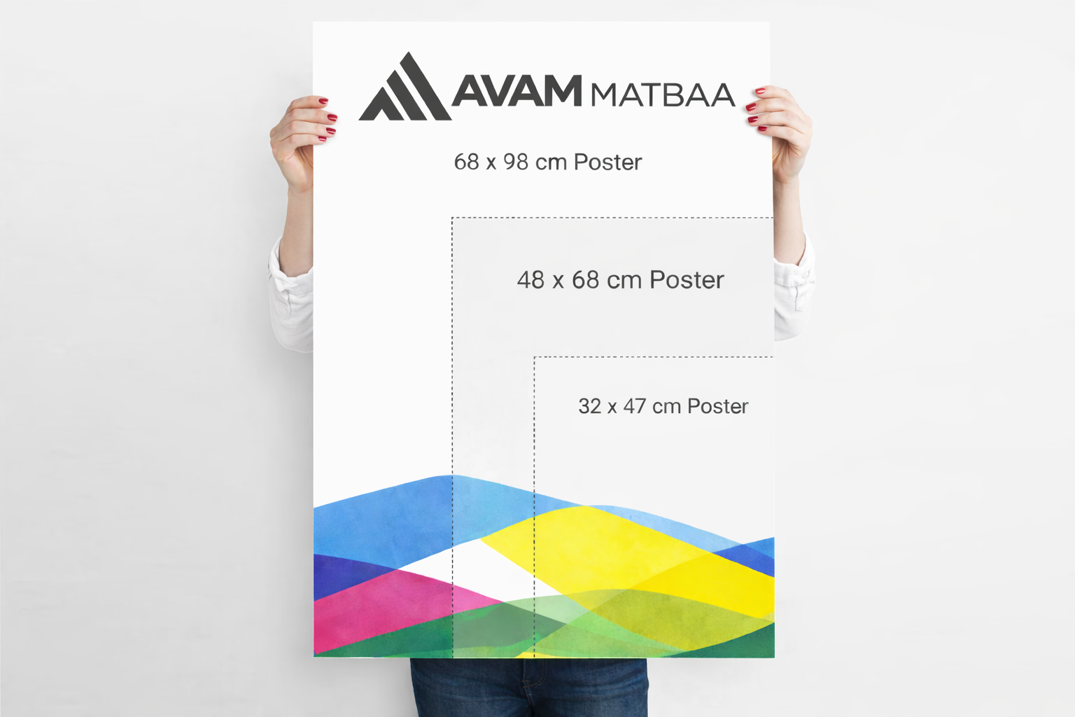 Bir kişi, Avam Matbaa logolu büyük poster baskı örneğini elinde tutuyor; görselde 68 x 98 cm, 48 x 68 cm ve 32 x 47 cm poster ölçüleri gösteriliyor.