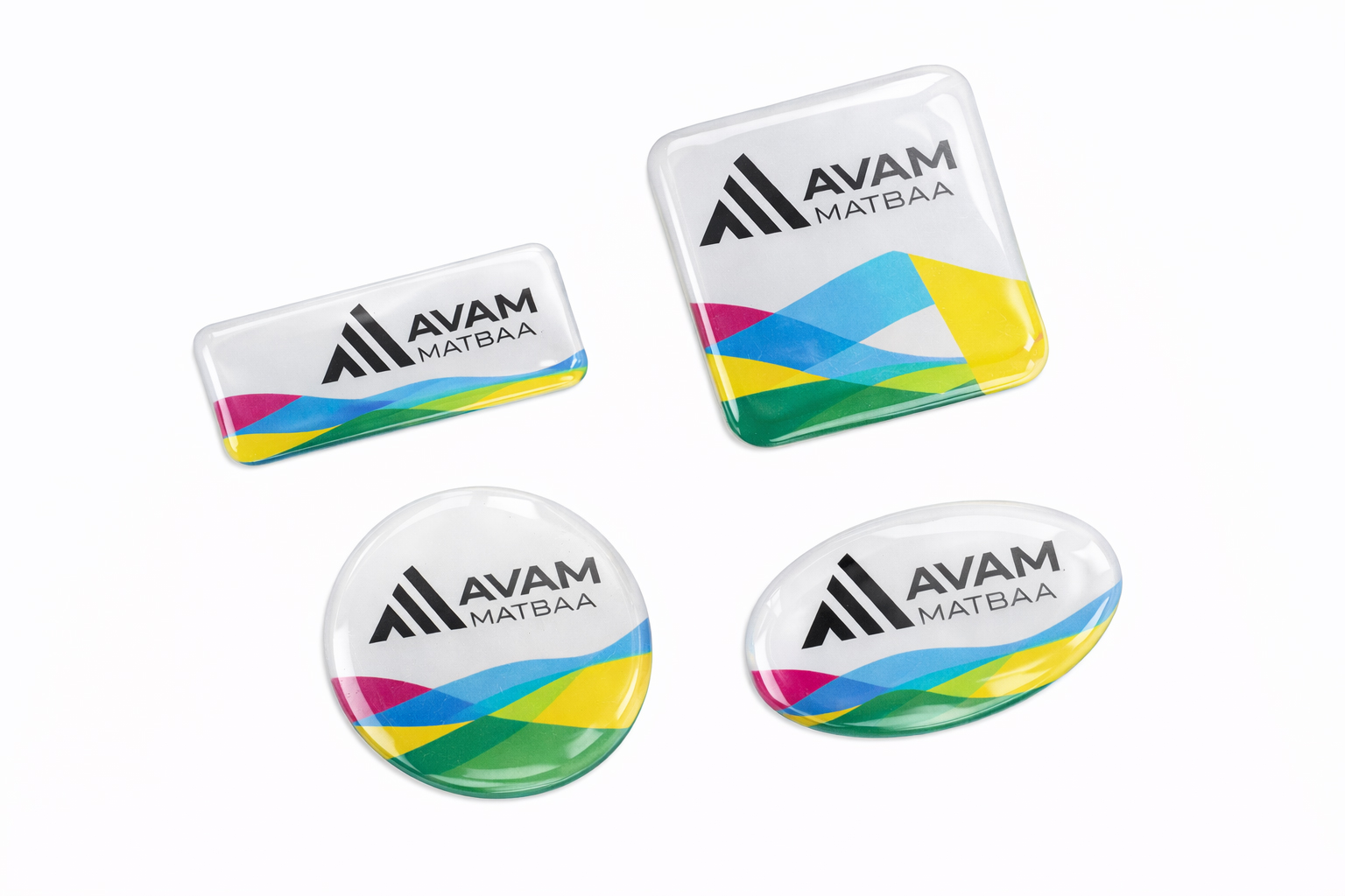 Avam Matbaa damla etiket çeşitleri – yuvarlak, oval ve dikdörtgen epoksi etiket örnekleri