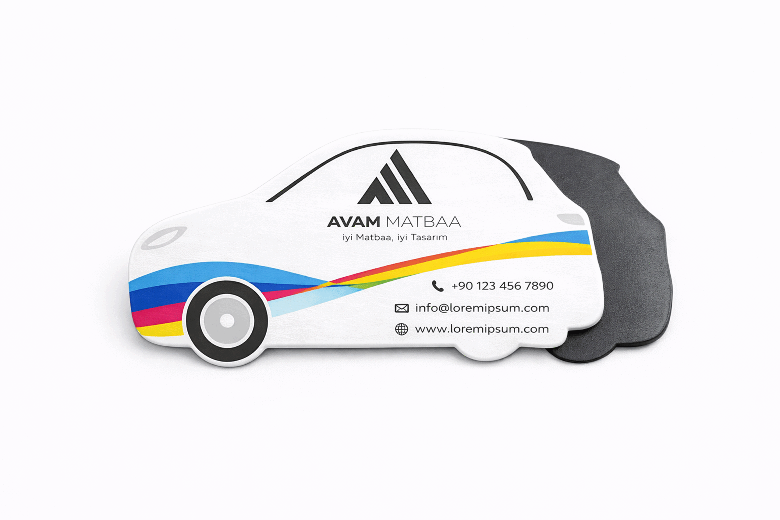 Avam Matbaa özel kesim araç şeklinde magnet, CMYK renk geçişli tasarım ve siyah logo detaylı kurumsal tanıtım magneti