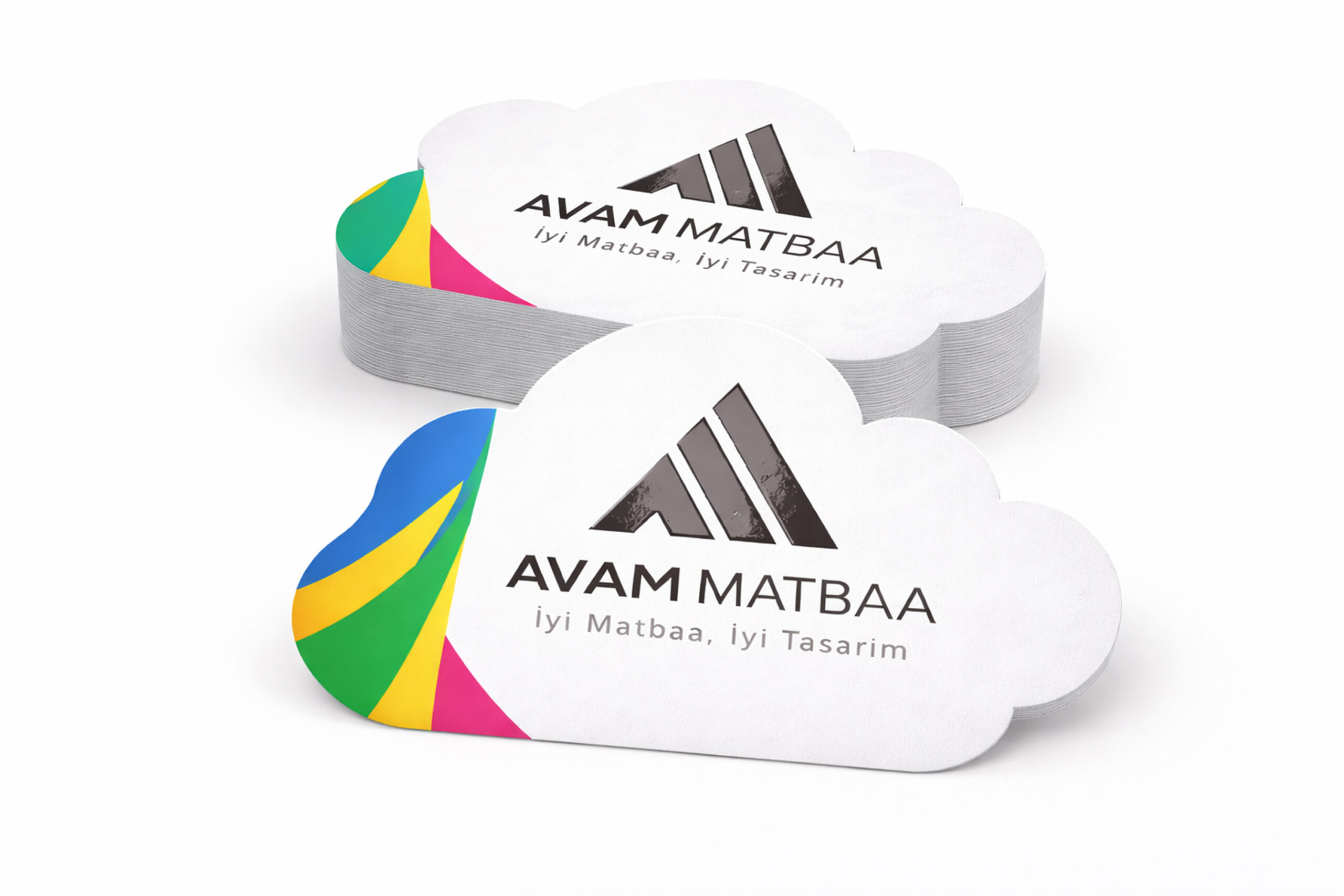 350 gr kuşe kağıda çift yüz baskılı, kabartma laklı, özel kesimli ve mat selefon kaplamalı bulut formunda kartvizit