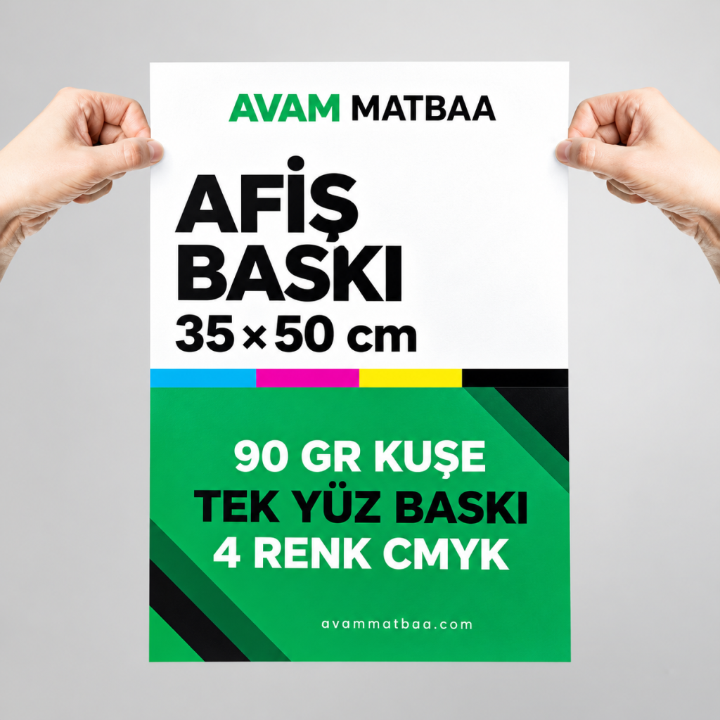 2026 yılı 35×50 cm afiş baskı fiyatları: 100 adet 2.500 TL, 1.000 adet 4.300 TL. 90 gr kuşe kâğıda tek yüz, 4 renk CMYK baskı seçeneklerini inceleyin.