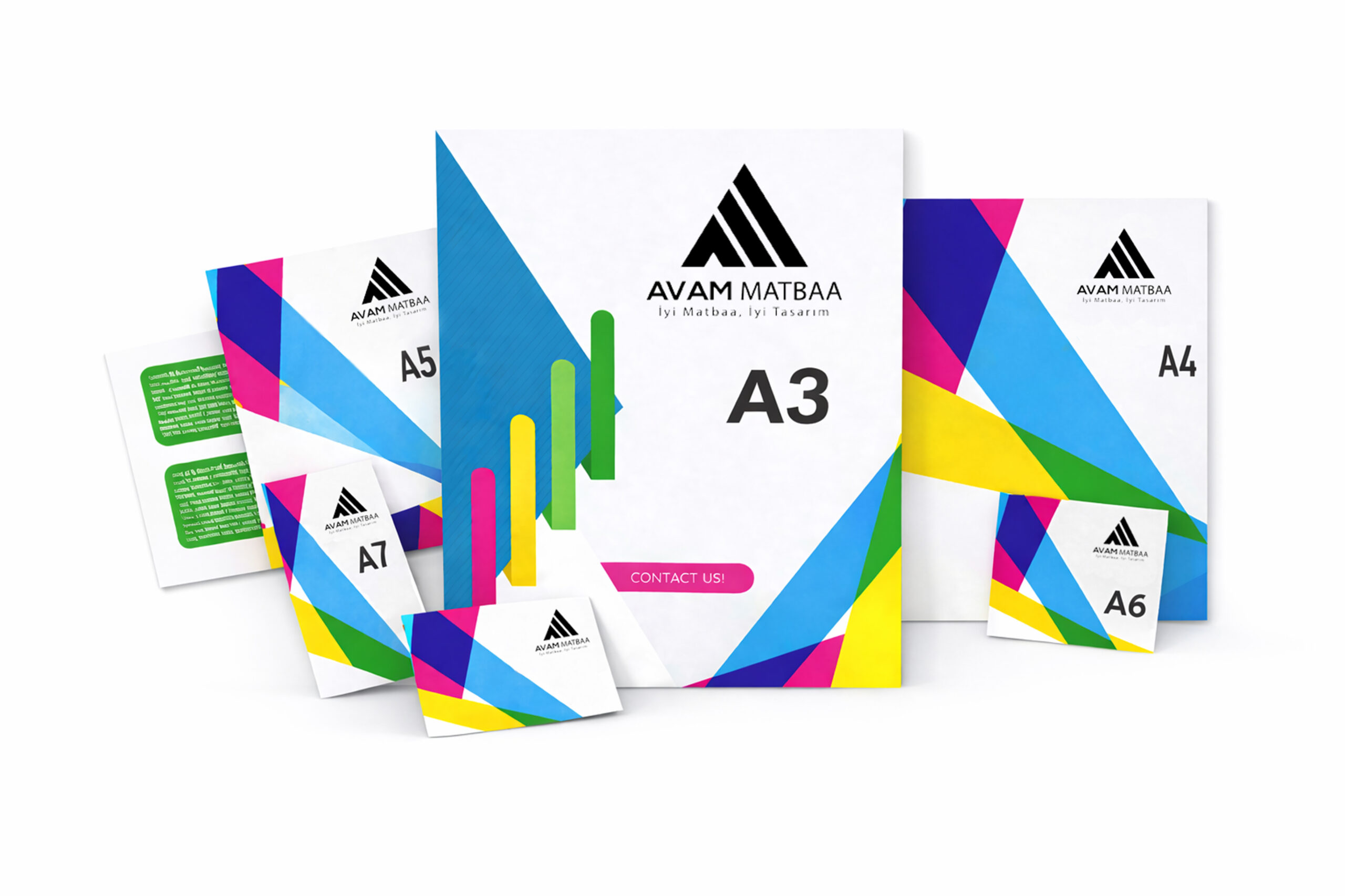 Avam Matbaa A3 A4 A5 A6 broşür ve el ilanı baskı örnekleri renkli ofset baskı tasarım mockup